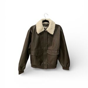 Women’s Brown Leather Jacket with Cream Collar